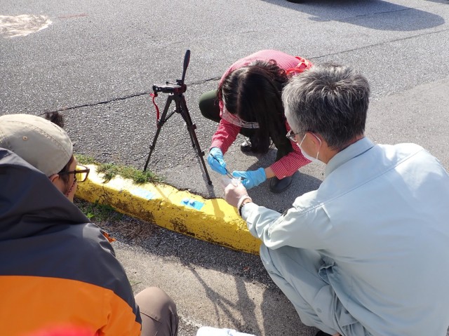 Ms. Tomoko Ikema, former Natural Resources Program Manager, Mr. Kei Ogasawara, contractor biologist, and Dr. Masashi Yoshimura, Okinawa Institute of Science and Technology, prepare a bait application.