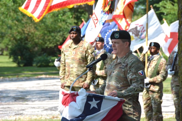 Col. Daniel Mitchell addresses the attendees of the U.S. Army Garrison Rock Island Arsenal change of command ceremony held July 10 on the lawn of historic Quarters 1.