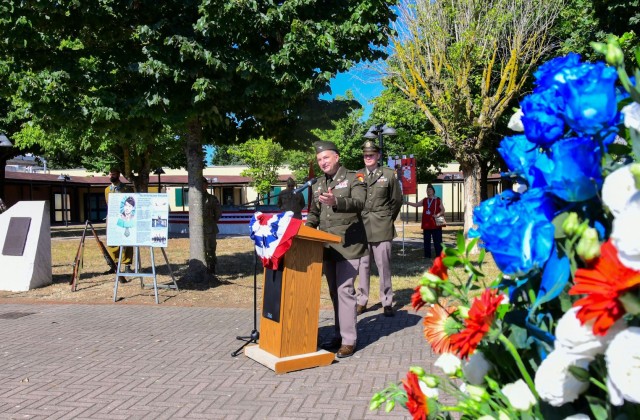 Col. Jordan Simmers, SETAF-AF, speaks at a July 11, 2024 event at Camp Darby commemoration the Nisei troops and the liberation of Livorno in World War II.