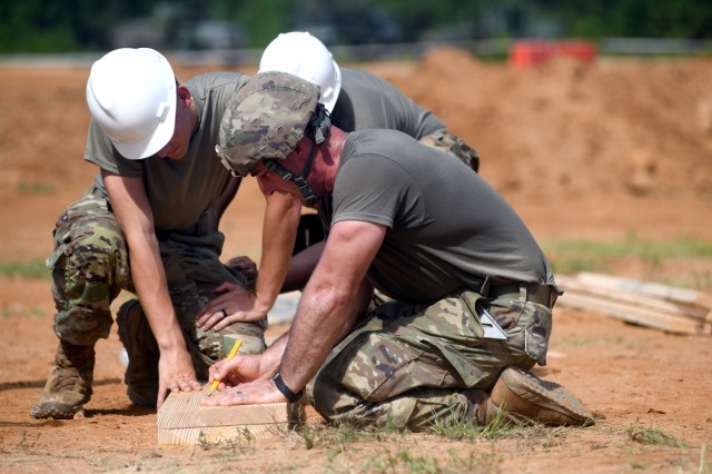 U.S. Army Staff Sgt. Russell Reagan, a construction supervisor with the 1223rd Engineer Company, South Carolina Army National Guard, goes over the next step in construction with members of his team while building fighting positions in a training...
