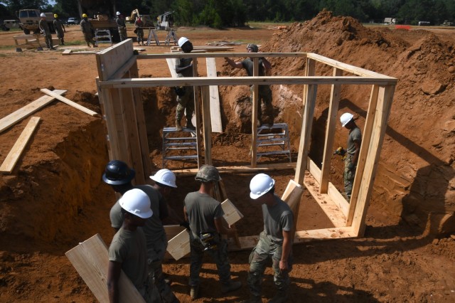 Soldiers with the 1223rd Engineer Company, South Carolina Army National Guard, construct a fighting position in a training area at Fort Jackson, S.C., July 17, 2024.