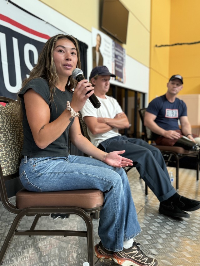 Olympian Hailey Langland speaks during an intimate Q&A session with the Fort Greely community July 25 at the Aurora Community Activity Center.