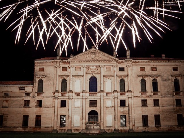 VILLAVERLA, Italy - Villa Ghellini lit up by the fireworks during the last evening of the sagra.
