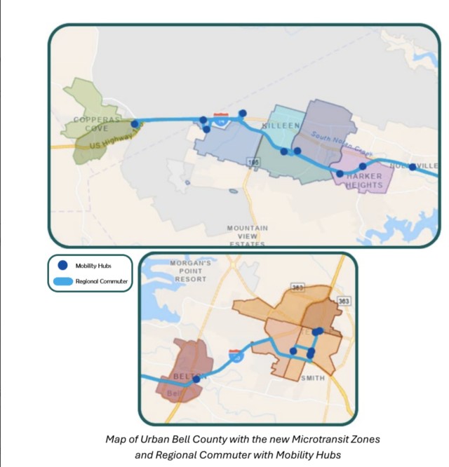 A graphic containing two maps sitting on top of each other, the top one larger than the bottom, of the cities in Bell County and Copperas Cove, Texas, to show new micro-transit zones for the HOP.