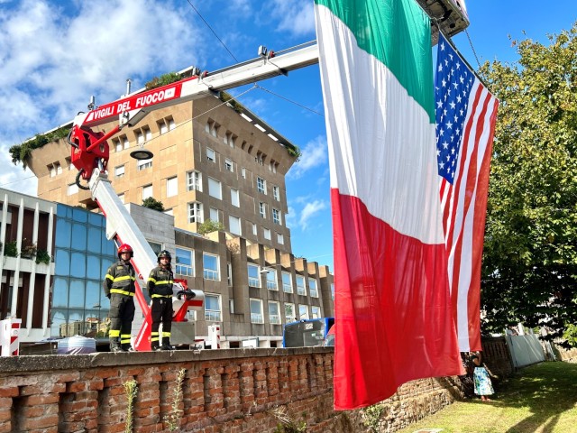 U.S. and Italian flags hang near the Memory and Light monument to 9/11 during the annual memorial event in Padova, Italy, Sept. 11, 2024.