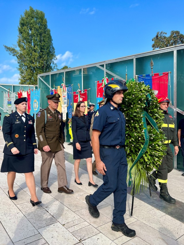 Leaders from U.S. Army Garrison Italy and the Consulate General in Milan, attended the 23rd anniversary of the 9/11 attacks at a memorial ceremony in Padova, Italy, Sept. 11, 2024. From left, Lt. Col. Leah Sanchez, Col. Scott Horrigan, Zoja Bazarnic.