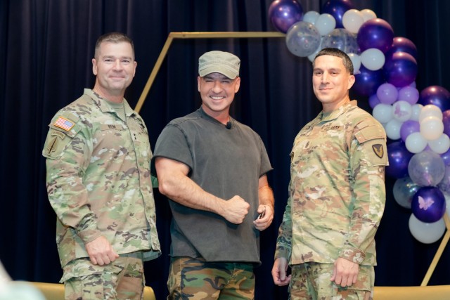 PICATINNY ARSENAL, N.J. - (From Left) - Maj. Gen. John T. Reim, Joint Program Executive for Guns and Ammunition and Picatinny Arsenal commanding general, Mike Sorrentino of Jersey Shore, and Command Sgt. Maj. David M. Franks.