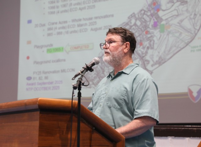 Perry Cannon, chief of the Housing Office’s Housing Operations Branch, provides a briefing during a housing town hall at Camp Zama, Japan, Aug. 29, 2024.