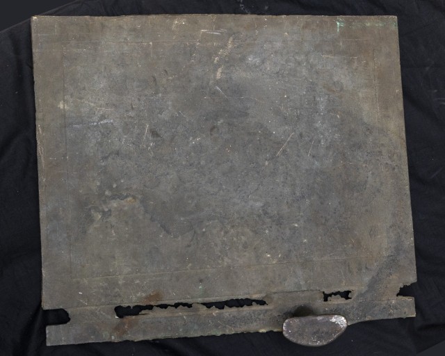 PICATINNY ARSENAL, N.J. - The back of the plaque that arrived at Picatinny Arsenal this summer. The “leader” is still attached on the bottom, leading Picatinny Arsenal historian Jeff Ranu to believe that the artifact likely was never used for...