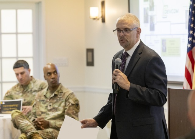 PICATINNY ARSENAL, N.J. - Timothy Rider, Public Affairs Officer for the installation’s largest tenant organization, the U.S. Army Combat Capabilities Development Command Armaments Center, briefs community partners. Lt. Col. Craig A. Bonham II,...