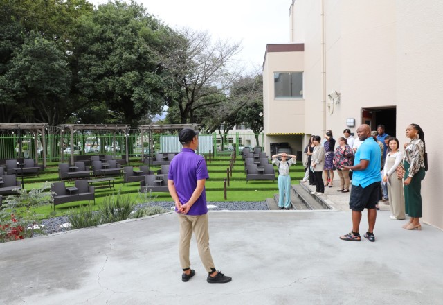 New U.S. Army Garrison Japan employees visit the Community Recreation Center during an installation tour at Camp Zama, Japan, Sept. 25, 2024. The tour was part of the garrison's new employee orientation program that aims to provide new hires...