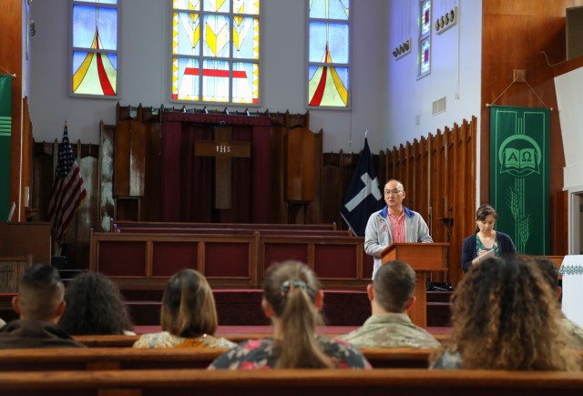 Members of the Religious Support Office speak with new U.S. Army Garrison Japan employees during an installation tour at Camp Zama, Japan, Sept. 25, 2024. The tour was part of the garrison's new employee orientation program that aims to...