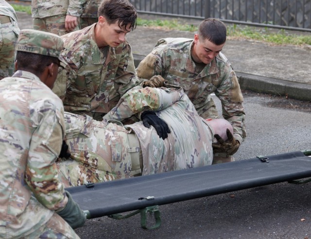 Army culinary specialists participate in medical training as part of a two-day exercise to hone their Soldier skills at Camp Zama, Japan, Oct. 7, 2024. Teams of Soldiers assigned to the 765th Transportation Terminal Battalion’s 5th...