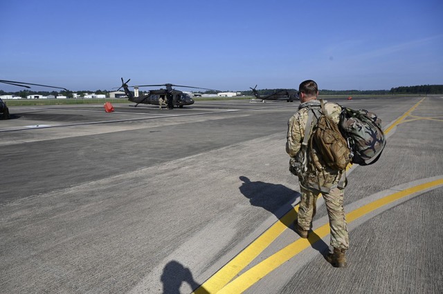 Two UH-60 Black Hawk helicopters with eight Louisiana Guardsmen departed Louisiana Oct. 8, 2024, for staging sites near Tallahassee, Florida. These assets will be prepositioned for rapid aerial search and rescue operations as soon as conditions...