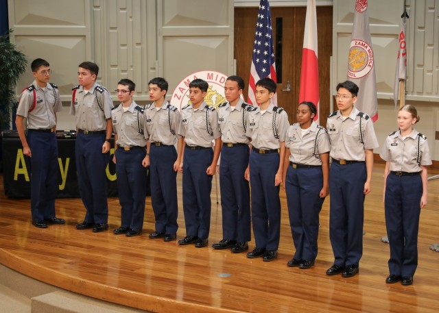 Cadets in leadership roles introduce themselves during a Junior Reserve Officers’ Training Corps recognition ceremony at Camp Zama, Japan, Oct. 17, 2024. About 40 cadets were honored with awards and promotions during the ceremony.