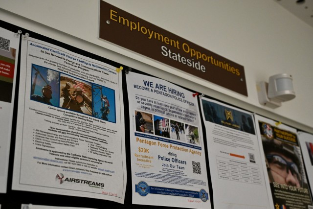 Hill has turned the TAP Center's bulletin boards into a wealth of information about employment opportunities, transition information, and important training dates.