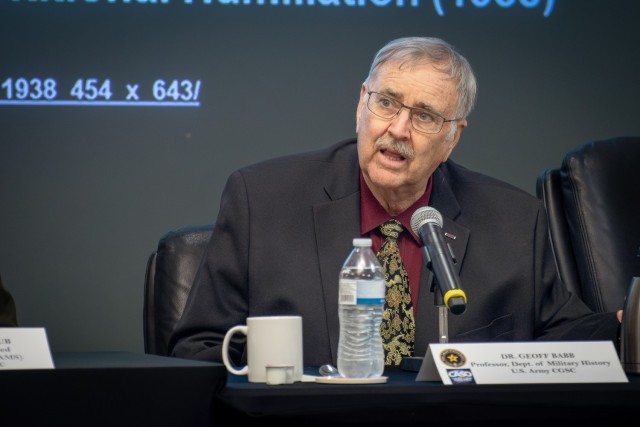 Dr. Geoff Babb, Department of Military History, Command and General Staff College, speaks as a panelist during the Cultural and Area Studies Office panel Oct. 28, 2024, on Fort Leavenworth, Kansas.