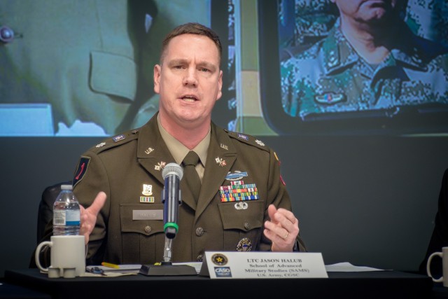 Lt. Col. Jason Haub, Advanced Strategic Leadership Studies Program, School of Advanced Military Studies, speaks as a panelist during the Cultural and Area Studies Office panel Oct. 28.
