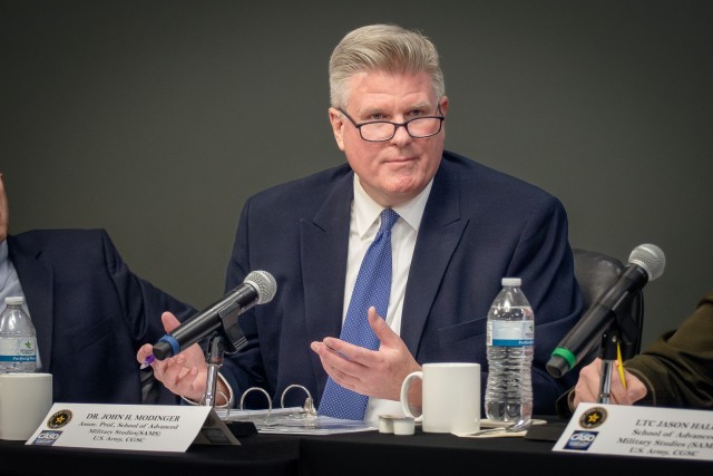 Dr. John Modinger, Associate Professor, SAMS, and retired U.S. Air Force, speaks as a panelist during the Cultural and Area Studies Office panel Oct. 28, on Fort Leavenworth, Kansas.