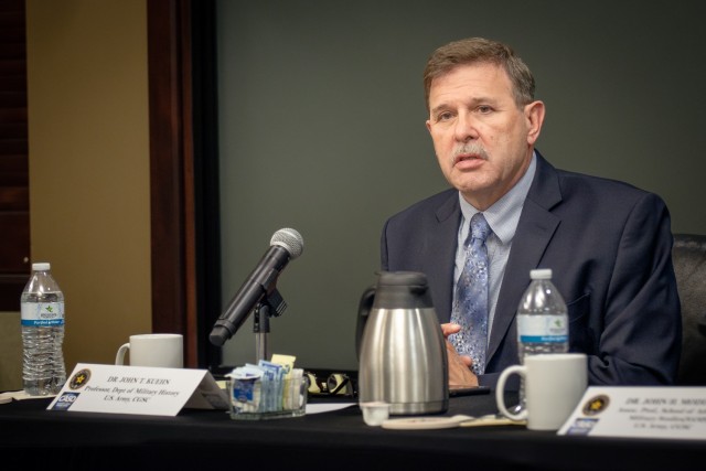 Dr. John Kuehn, Department of Military History, Command and General Staff College, speaks as a panelist during the Cultural and Area Studies Office panel Oct. 28, at the Lewis and Clark Center on Fort