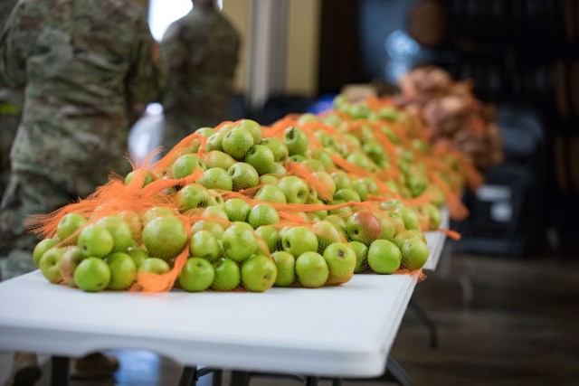 Bags of green apples lay along a row of tables.