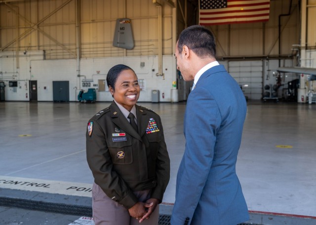Maryland Army National Guard Maj. Gen. Janeen L. Birckhead, 31st adjutant general of the Maryland National Guard, speaks with a member of the State Department’s International Visitor Leadership Program during a visit at Martin State Air National...