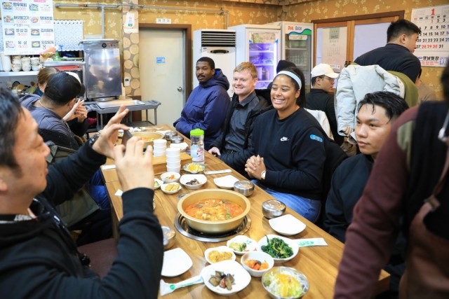 U.S. Soldiers, KATUSAs, and civilians assigned to U.S. Army Garrison Yongsan-Casey and 210th Field Artillery Brigade enjoy bulgogi and kimchi stew during a Newcomers Cultural Awareness and Immersion Tour hosted by Dongducheon city, South Korea,...