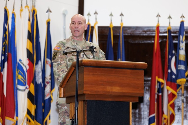 Command Sgt. Maj. Rick Meeker speaks during a change of responsibility ceremony at Camp Zama, Japan, Dec. 12, 2024. Meeker assumed responsibility of U.S. Army Garrison Japan's senior enlisted leader role from Command Sgt. Maj. David A. Rio,...