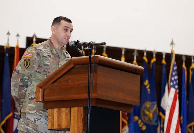 Command Sgt. Maj. David A. Rio speaks during a change of responsibility ceremony at Camp Zama, Japan, Dec. 12, 2024. Command Sgt. Maj. Rick Meeker assumed responsibility of U.S. Army Garrison Japan's senior enlisted leader role from Rio, who...