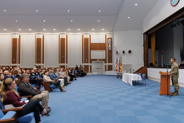 Col. Marcus Hunter, right, U.S. Army Garrison Japan commander, provides remarks during a workforce town hall at Camp Zama, Japan, Dec. 3, 2024.
