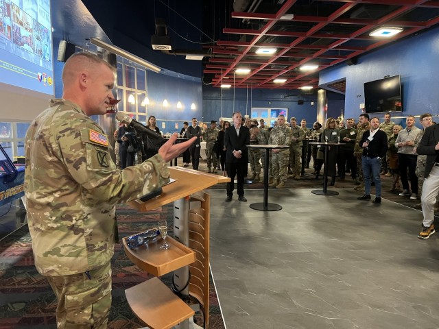 Col. Scott Horrigan gives remarks to Italian community leaders and senior military members during the semiannual Mayor's Summit at The Arena before the Vicenza Military Community tree lighting event Dec. 5, 2024.