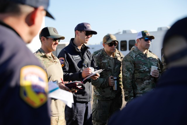 California National Guard's 129th Rescue Squadron, 40th Combat Aviation Brigade, and Department of the Forestry and Fire Protection personnel attend the morning briefing at the Camarillo Airport in Camarillo, Calif., Jan. 11, 2025. The joint...