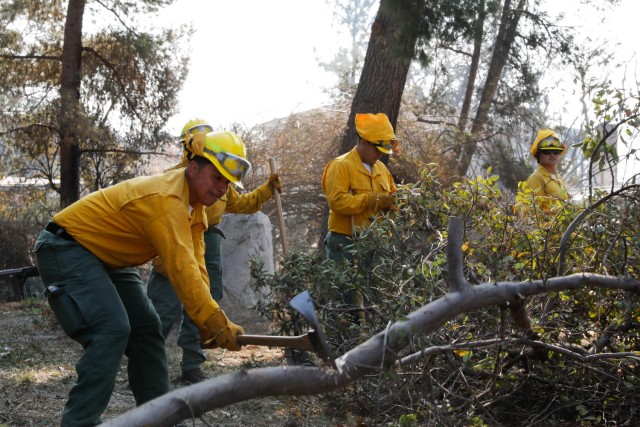 Fire Crew 505 work to clear up debris from communities affected by the Eaton Fire to prevent potential flooding caused by potential rain and debris buildup at Altadena, Calif., Jan. 18, 2025. Handcrews, consisting of California Army National Guard...