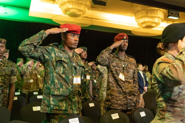Soldiers from various African countries salute during the Africa Land Forces Summit (ALFS) 2025 opening ceremony of in Accra, Ghana, April 7, 2025. Sponsored by the U.S. Army Chief of Staff and co-hosted by U.S. Army Southern European Task Force,...