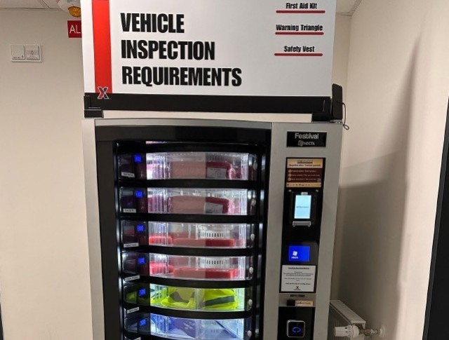 A new vending machine at the Wiesbaden Vehicle Registration Office on Clay Kaserne stocks necessary safety inspection items.