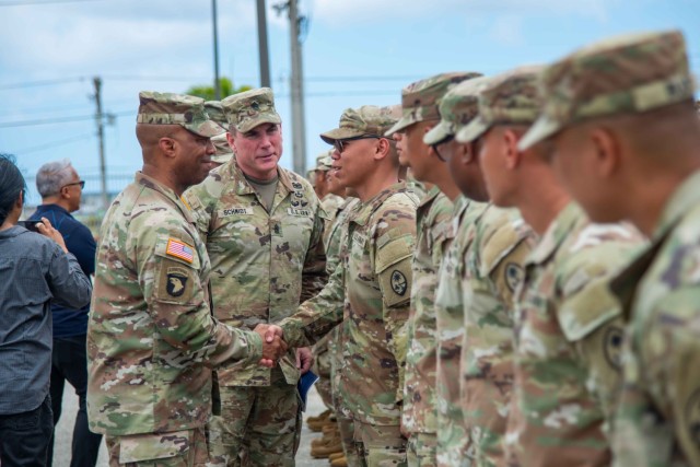 U.S. Army Pacific Commander Gen. Ronald Clark meets with Soldiers from B Company, 1st Battalion, 294th Infantry Regiment of the Guam Army National Guard, or Team Binadu, following a unit awards ceremony recognizing the team winning the Alexander...