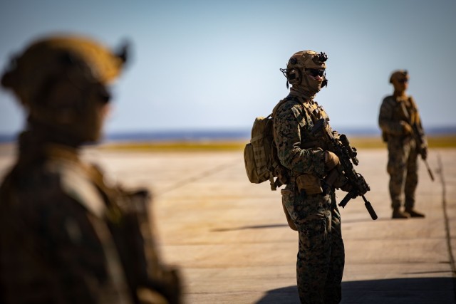 U.S. Service Members support interagency partners escorting illegal aliens as part of Operation Southern Guard at Naval Station Guantanamo Bay, Cuba, Feb. 6, 2025. Joint Task Force Southern Guard is supporting illegal aliens holding operations led...