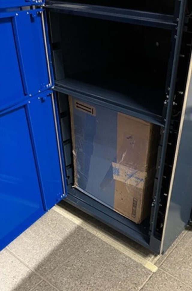 A package placed in the intelligent postal locker set at USAG Ansbach that was installed April 14-18.