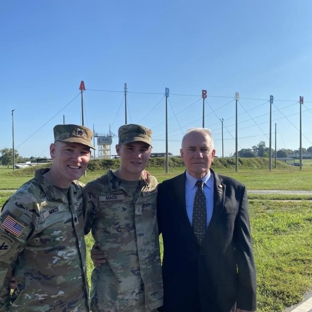 Three generations of the Mace family pose for a photo at Thor's airborne school graduation at Fort Benning, GA in September 2024.  From left to right, Lt. Col. Brandon Mace, Pfc. Thor Mace and Lt. Cmdr. (ret.) Robert Mace