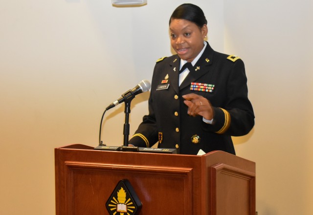 Col. Monica Lawson, who serves as the chief of recruiting for the Army chaplaincy, speaks during her promotion ceremony Sept. 2, 2020. Lawson became the Army's first active-duty African-American female chaplain to be promoted to colonel.
