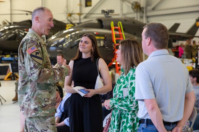 Brig. Gen. Brian Wertzler, Deputy Adjutant General, Kentucky Army National Guard, speaks with families of deploying Soldiers on April 25, 2025, in Frankfort, Kentucky. Approximately 30 Soldiers from the 2-238th are deploying to Europe in support...