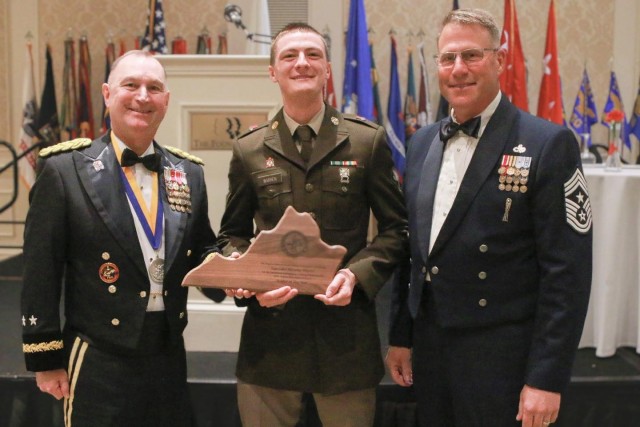 Lt. Gen. Jon Stubbs, director of the Army National Guard, speaks with Virginia National Guard Soldiers and Airmen during the 2025 annual Virginia National Guard Military Ball on April 26 in Virginia Beach, Virginia.