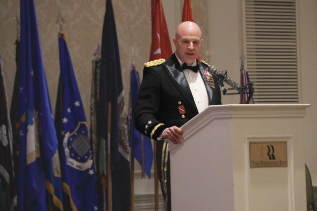 Lt. Gen. Jon Stubbs, director of the Army National Guard, speaks with Virginia National Guard Soldiers and Airmen during the 2025 annual Virginia National Guard Military Ball on April 26 in Virginia Beach, Virginia.