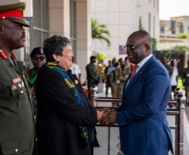 Virginia Palmer, U.S. Ambassador to Ghana, greets Dr. Edward Omane Boamah, Defense Minister of Ghana, before the opening ceremony of the Africa Land Forces Summit (ALFS) 2025 in Accra, Ghana, April 7, 2025. Sponsored by the U.S. Army Chief of...