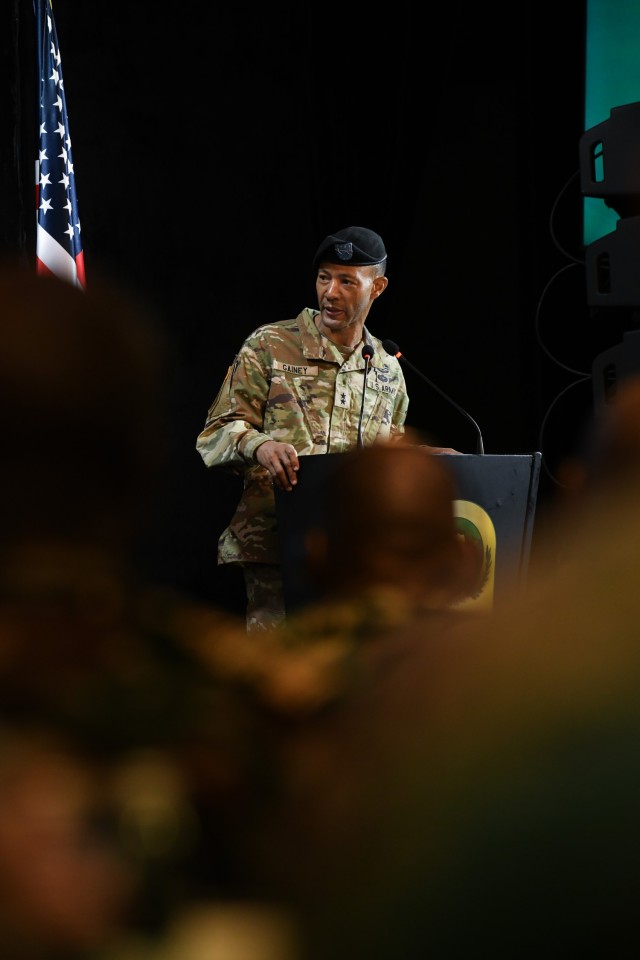 U.S. Army Maj. Gen. Andrew Gainey, commanding general, U.S. Army Southern European Task Force, Africa (SETAF-AF), speaks at the opening ceremony of the African Land Forces Summit (ALFS) 2025 in Accra, Ghana, April 7, 2025. Sponsored by the U.S....