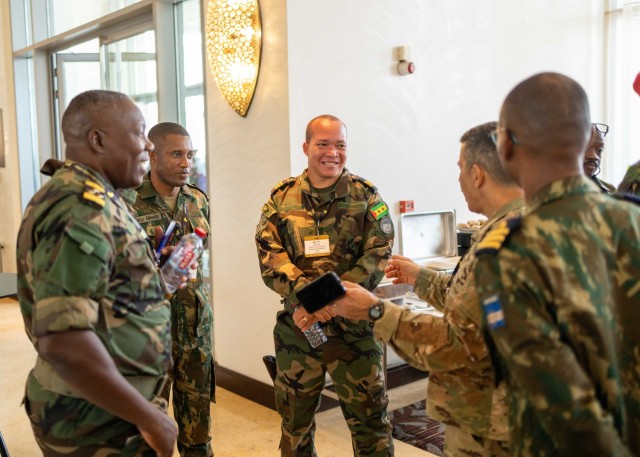 Military leaders from various African countries and the United States converse before the Africa Land Forces Summit (ALFS) 2025 opening ceremony in Accra, Ghana, April 7, 2025. Sponsored by the U.S. Army Chief of Staff and co-hosted by U.S. Army...