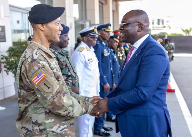 U.S. Army Maj. Gen. Andrew Gainey, commanding general, U.S. Army Southern European Task Force, Africa (SETAF-AF)greets Dr. Edward Omane Boamah, Defense Minister of Ghana, before the opening ceremony of the Africa Land Forces Summit (ALFS) 2025 in...