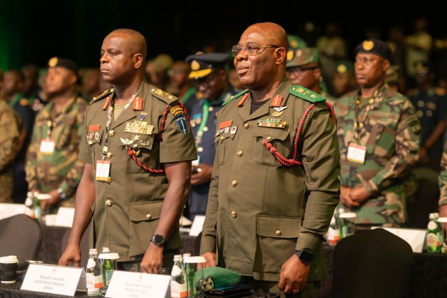 Land force commanders rise to receive the official party during the opening ceremony of the Africa Land Forces Summit (ALFS) 2025 in Accra, Ghana, April 7, 2025. Sponsored by the U.S. Army Chief of Staff and co-hosted by U.S. Army Southern...