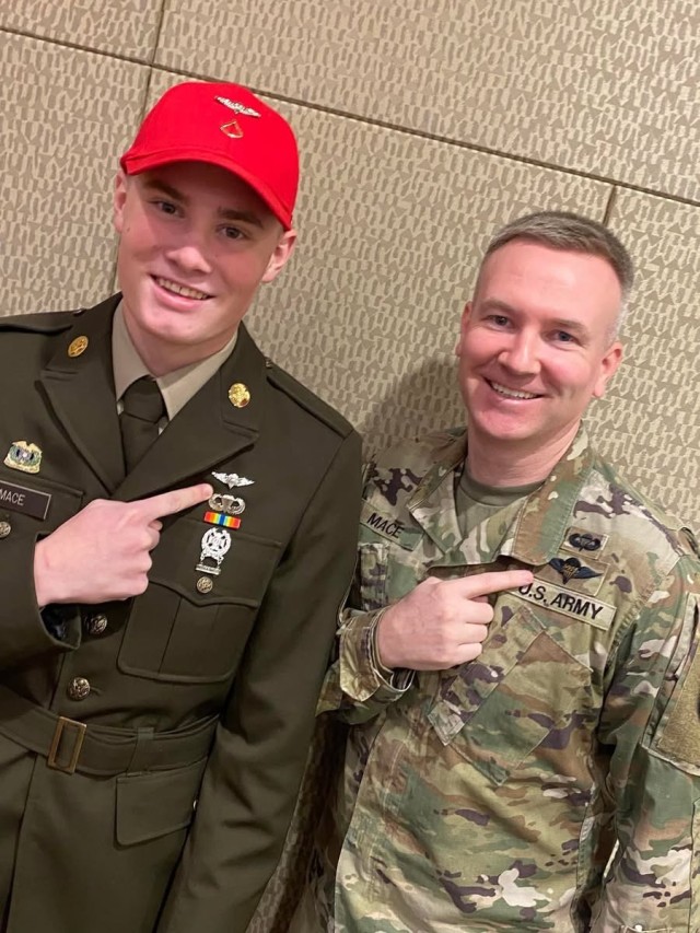 Pfc. Thor Mace (left) poses for a photo with his uncle Lt. Col. Matthew Mace during Thor's rigger school graduation at Fort Gregg-Adams, VA.