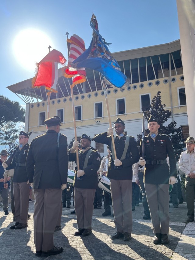 Soldiers from the 207th Military Intelligence Brigade serve as a color guard April 30, 2025, for the 80th anniversary commemorations in Torbole, Italy.